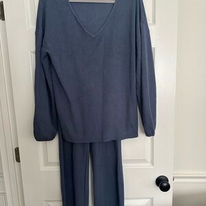 Blue V-Neck Sweater and Pants Set
